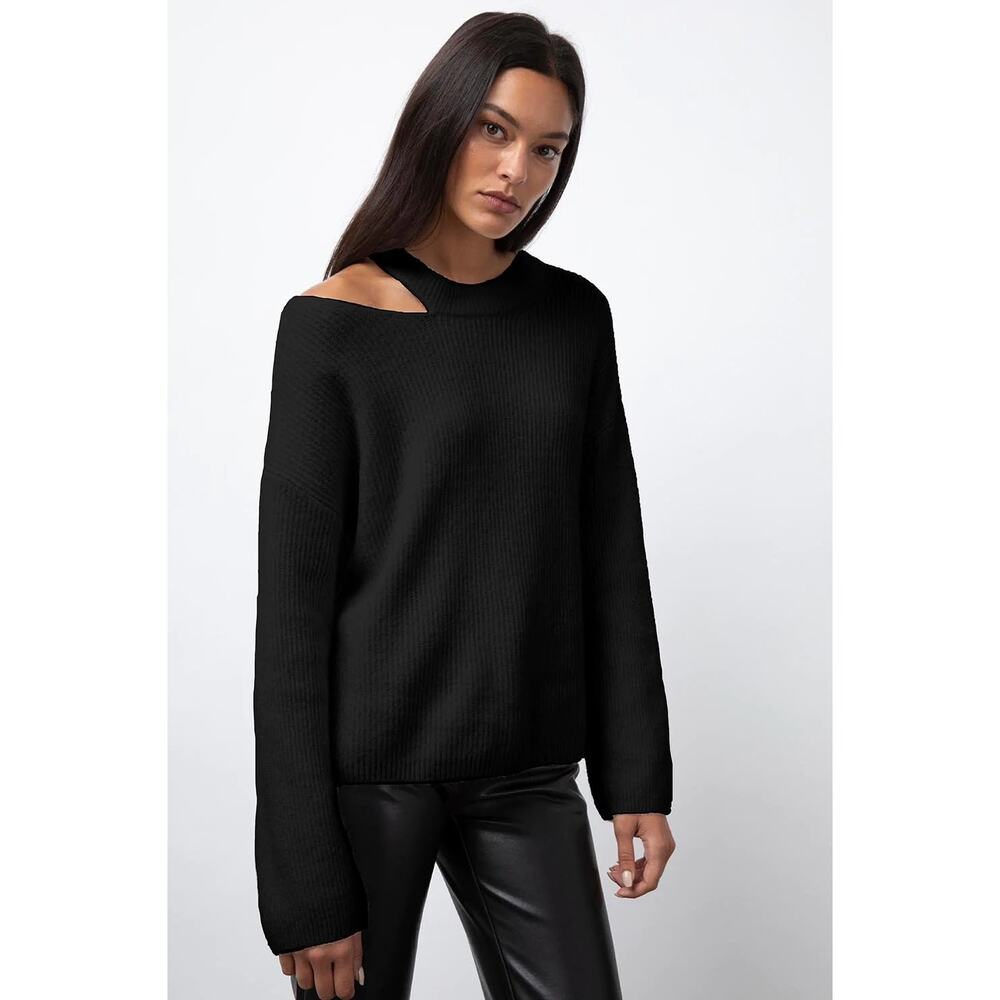 Rails Alexi Cutout Wool Blend Ribbed Knit Crew Neck Sweater Black Medium NWT